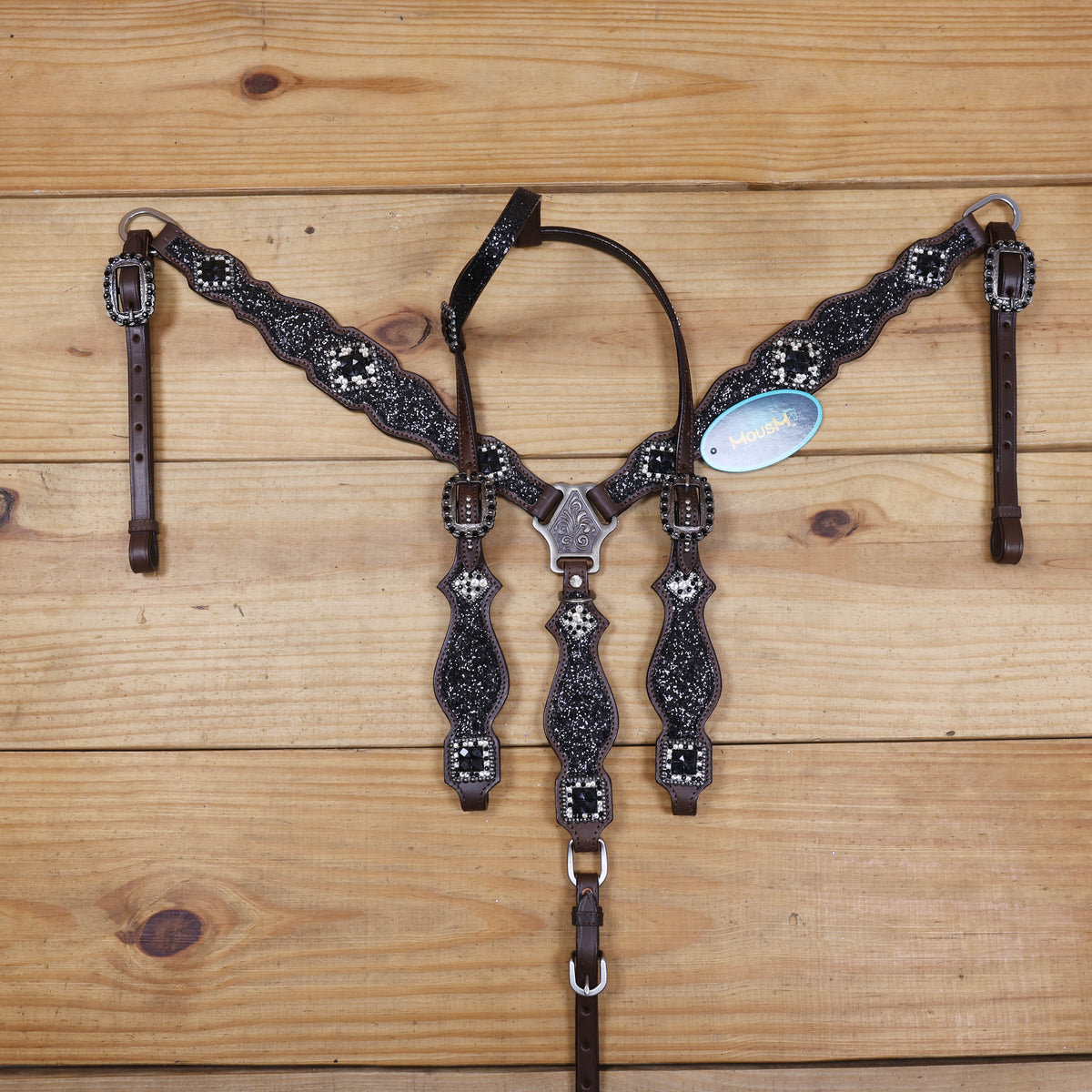Black Glitter Horse Tack Set with Rhinestone Conchos, Silver Studs