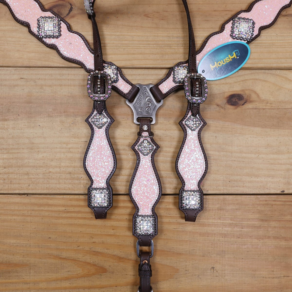 Light Pink Glitter Headstall Tack Set with Bling Rhinestone Conchos