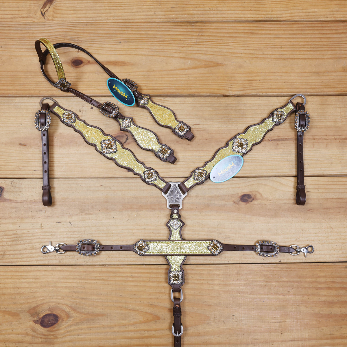 Sparkling Golden Glitter Western Headstall and Breast Collar Set