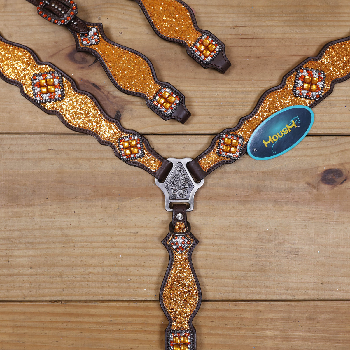 Orange Glitter Western Headstall Tack Set with Silver Studs