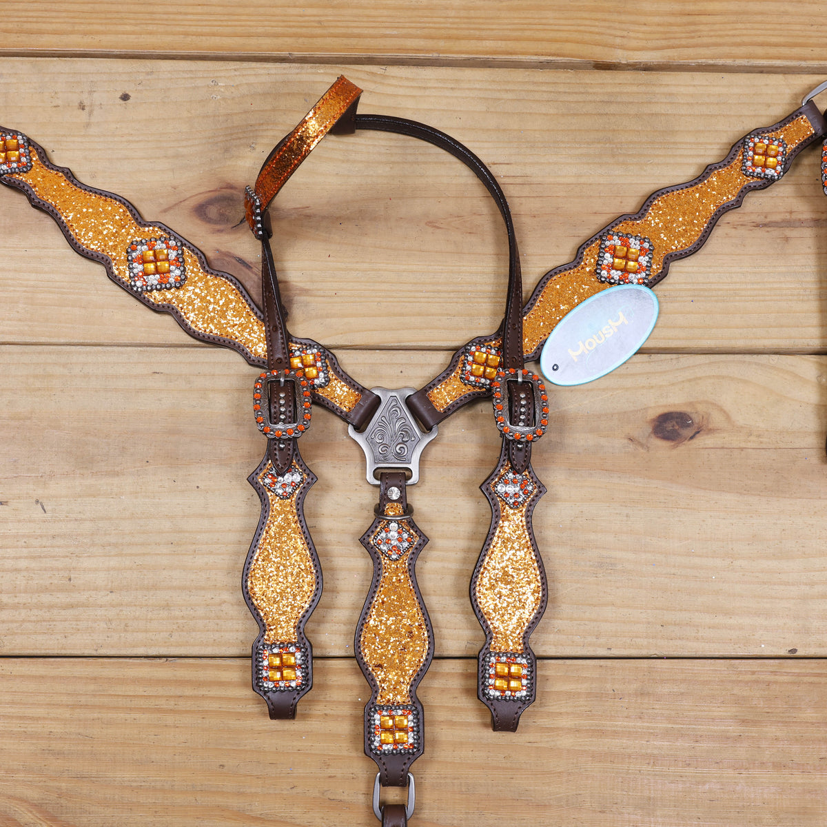 Orange Glitter Western Headstall Tack Set with Silver Studs