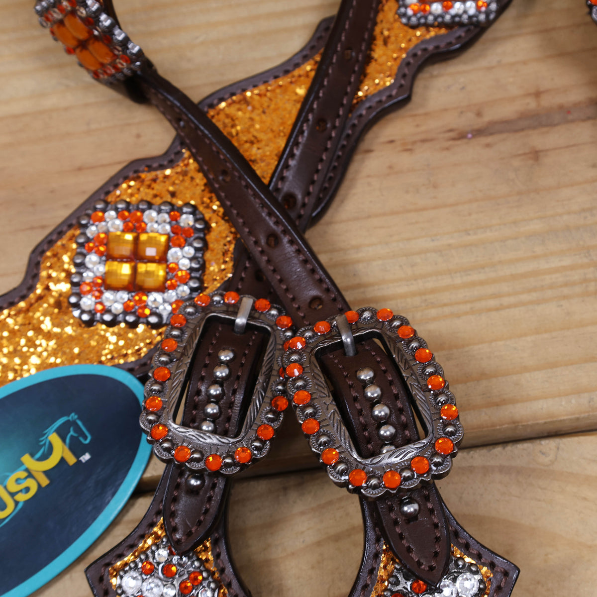 Orange Glitter Western Headstall Tack Set with Silver Studs