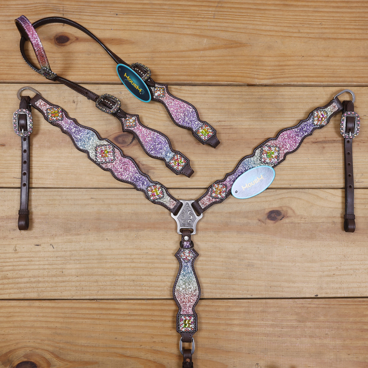 Rainbow Glitter Horse Tack with Rhinestone Conchos, Silver Studs