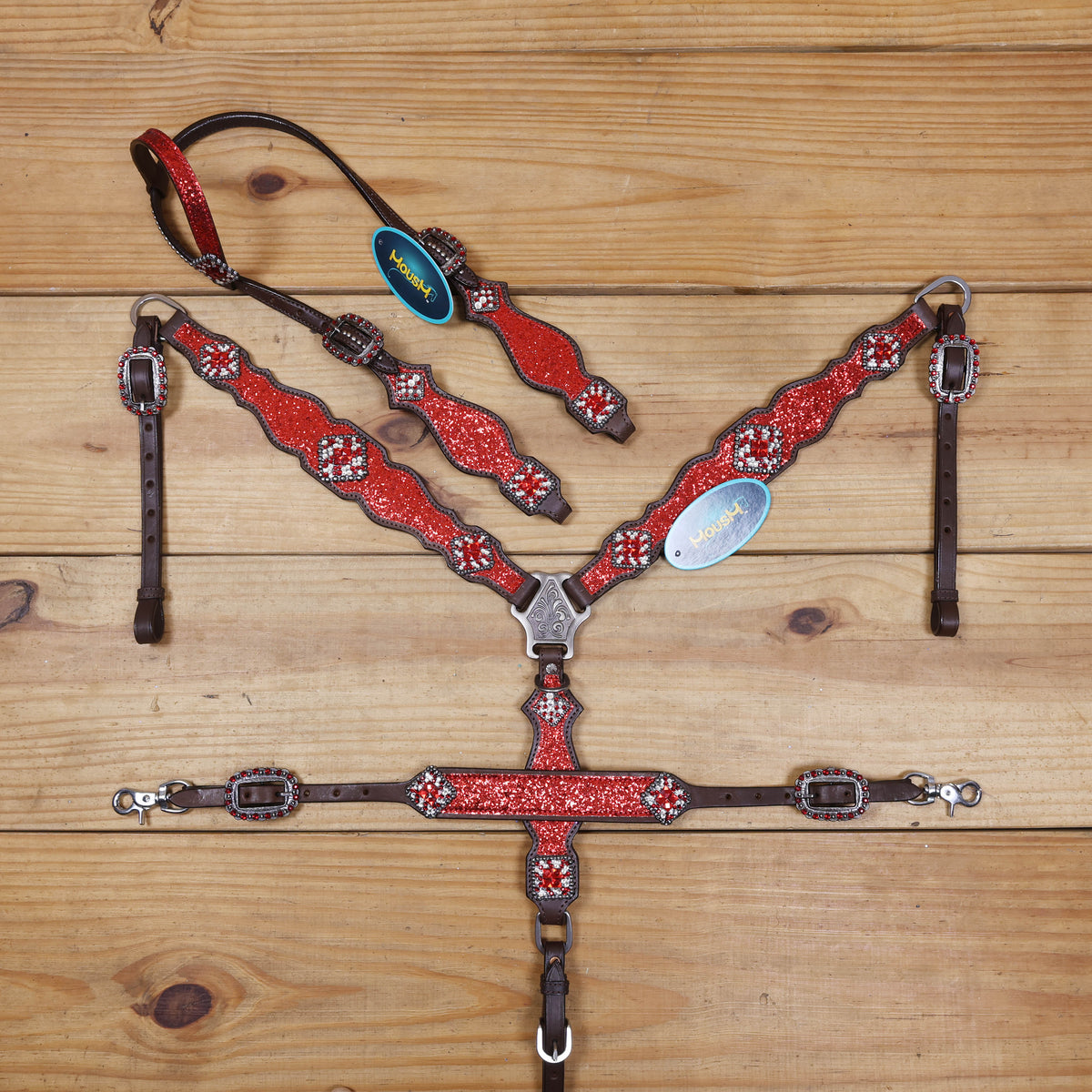 Red Glitter Headstall Set, Silver Studs, Bling Rhinestone Conchos