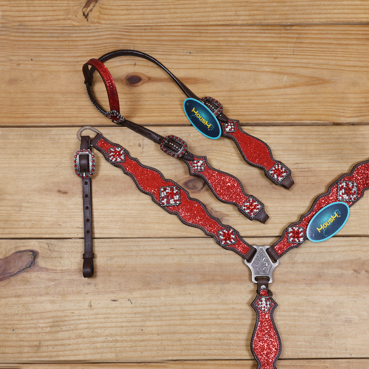 Red Glitter Headstall Set, Silver Studs, Bling Rhinestone Conchos