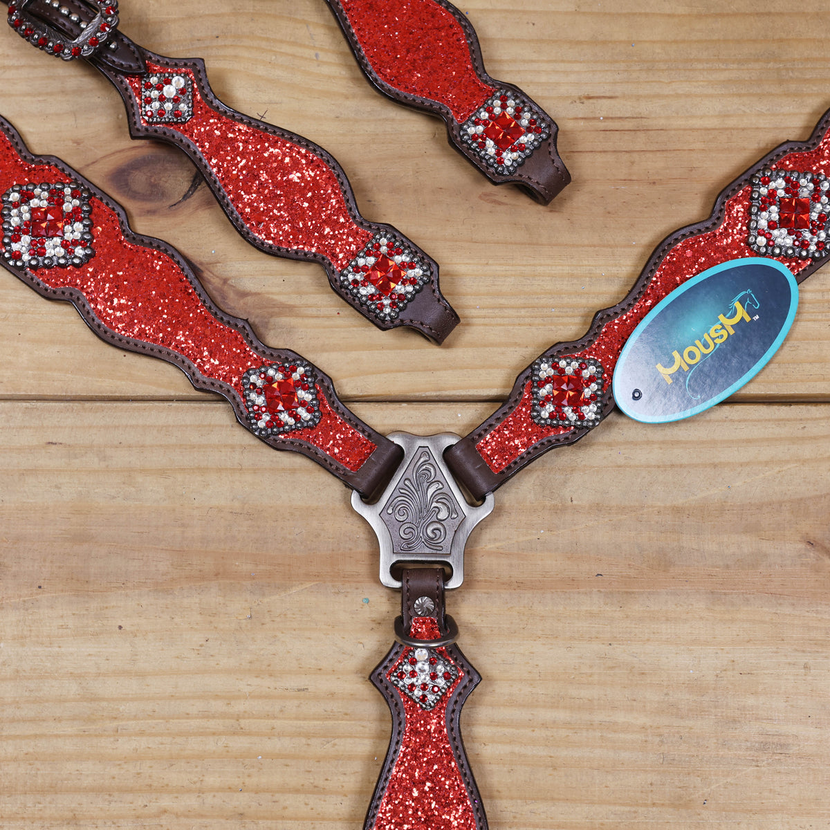 Red Glitter Headstall Set, Silver Studs, Bling Rhinestone Conchos