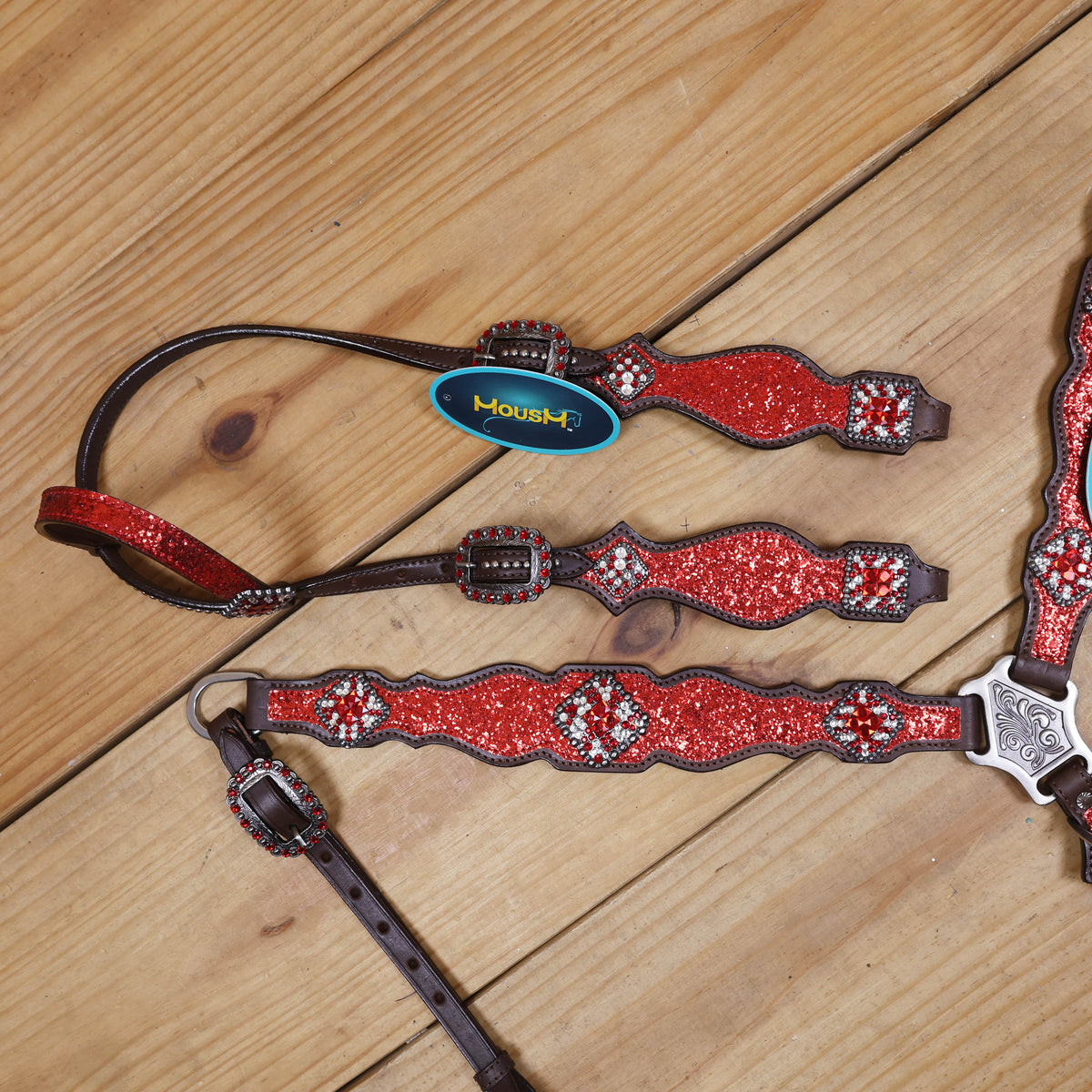 Red Glitter Headstall Set, Silver Studs, Bling Rhinestone Conchos