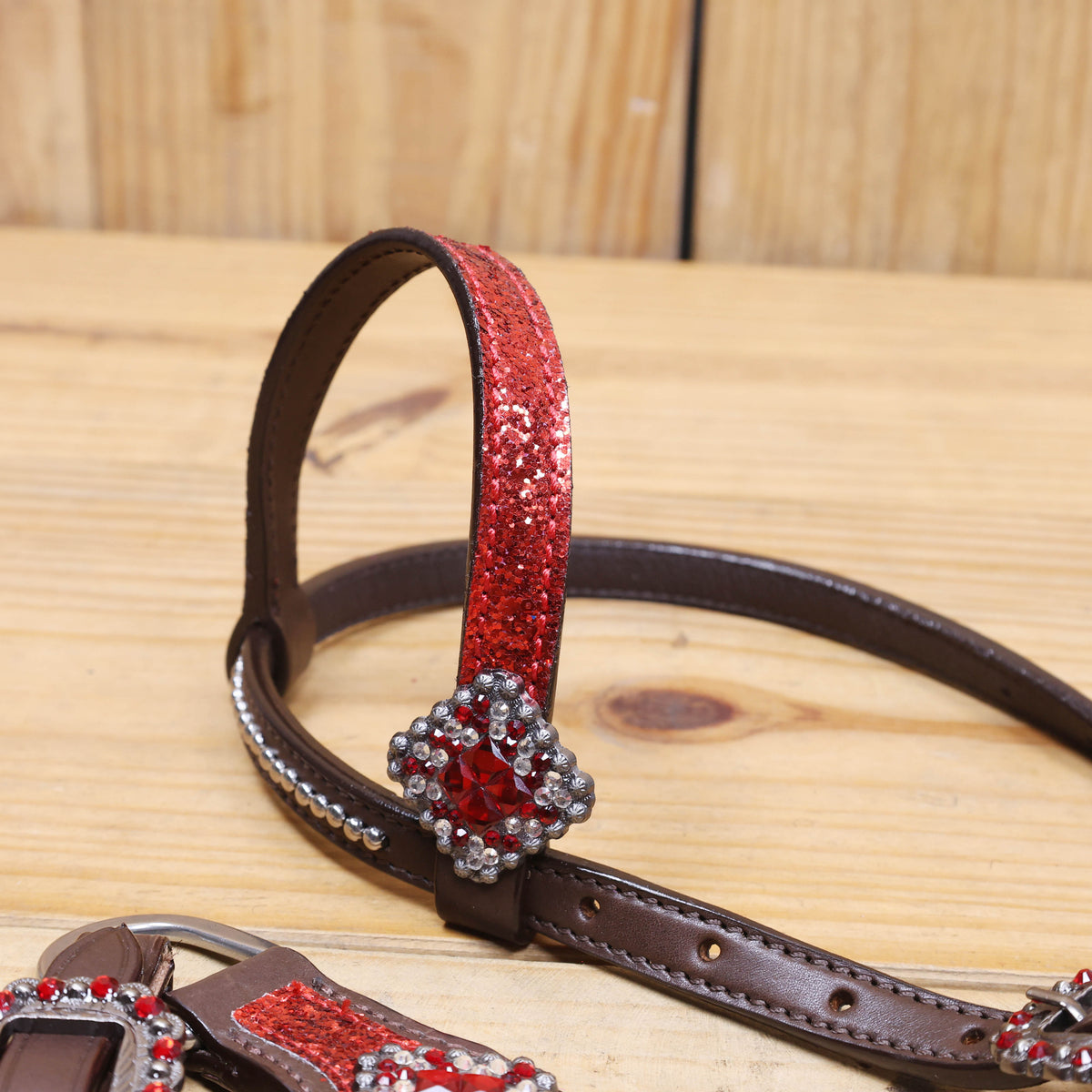 Red Glitter Headstall Set, Silver Studs, Bling Rhinestone Conchos