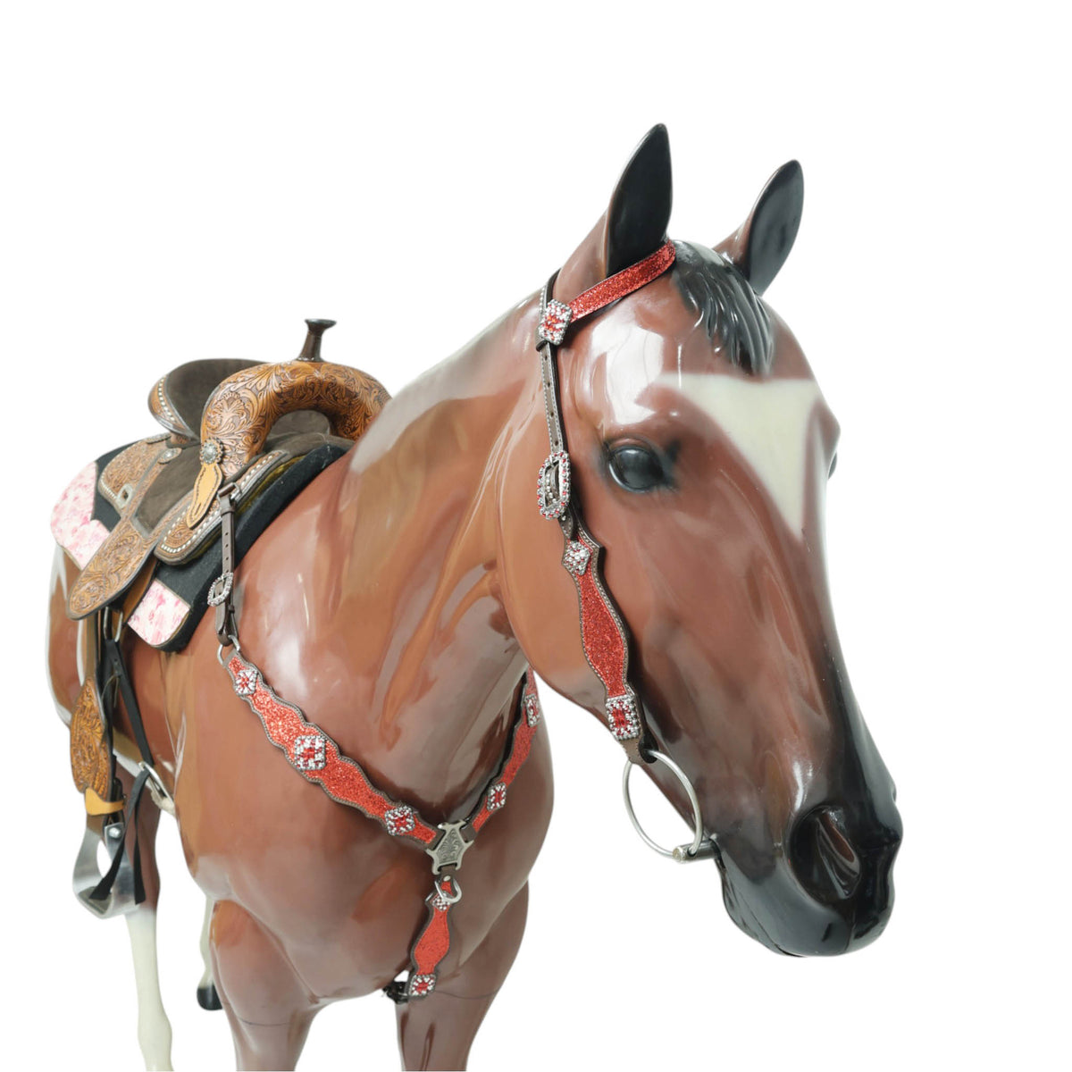 Red Glitter Headstall Set, Silver Studs, Bling Rhinestone Conchos