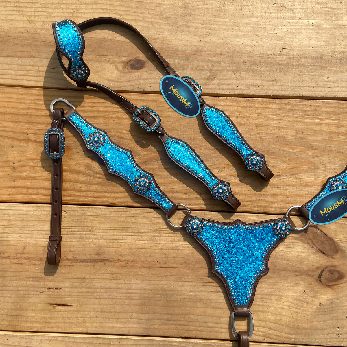 Teal Glitter Alligator with Silver Studs Headstall Tack Set