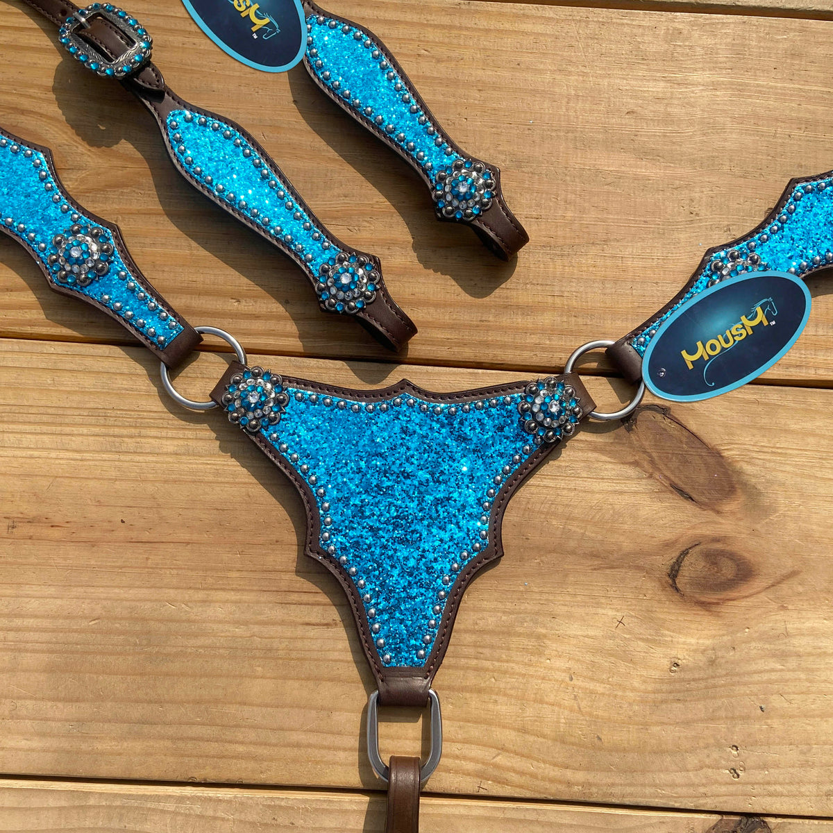 Teal Glitter Alligator with Silver Studs Headstall Tack Set