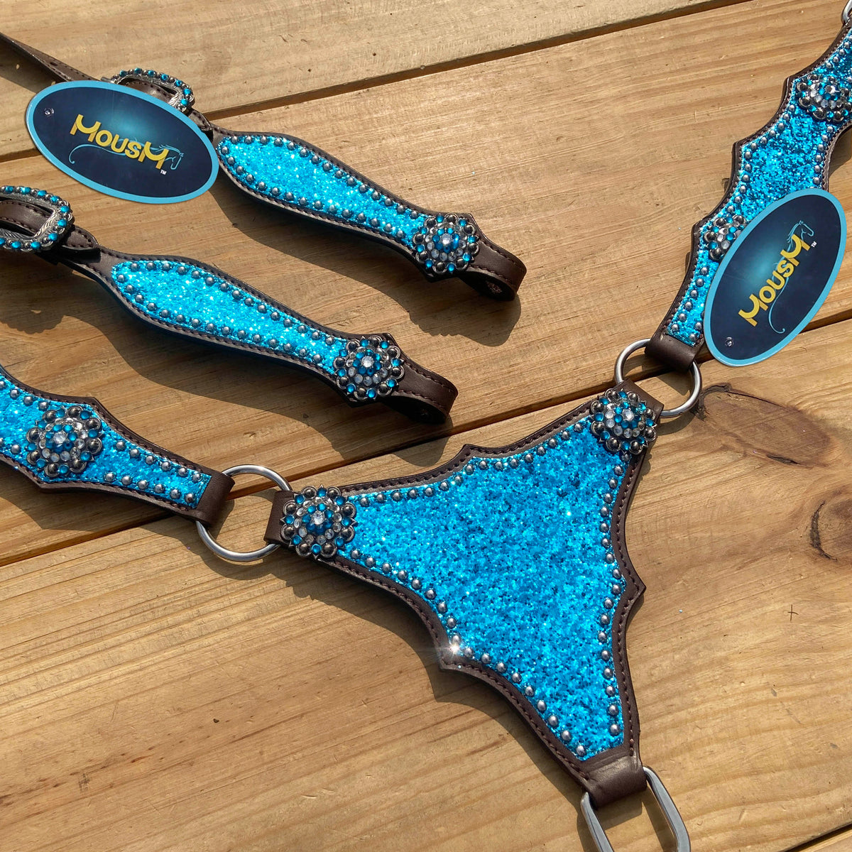 Teal Glitter Alligator with Silver Studs Headstall Tack Set