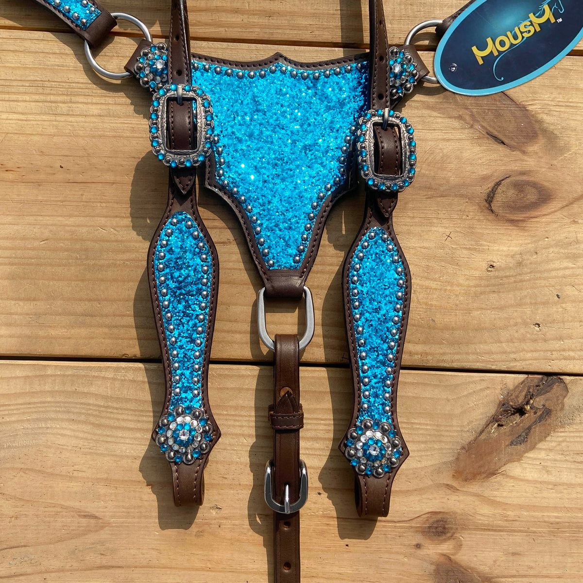 Teal Glitter Alligator with Silver Studs Headstall Tack Set
