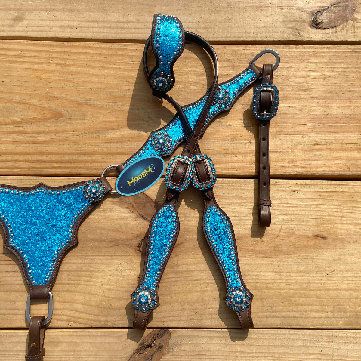 Teal Glitter Alligator with Silver Studs Headstall Tack Set