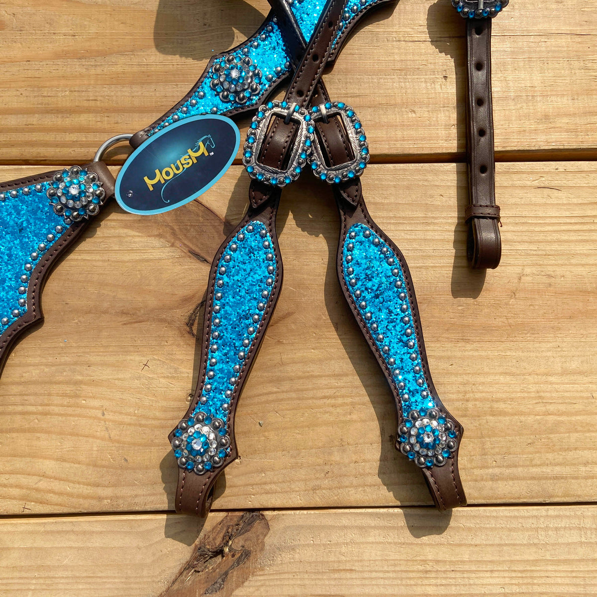 Teal Glitter Alligator with Silver Studs Headstall Tack Set