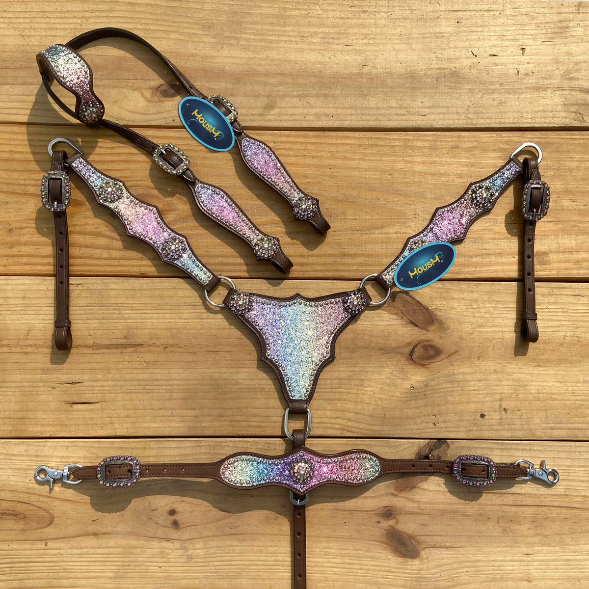 Rainbow Glitter Alligator with Rawhide Silver Studs Headstall Set