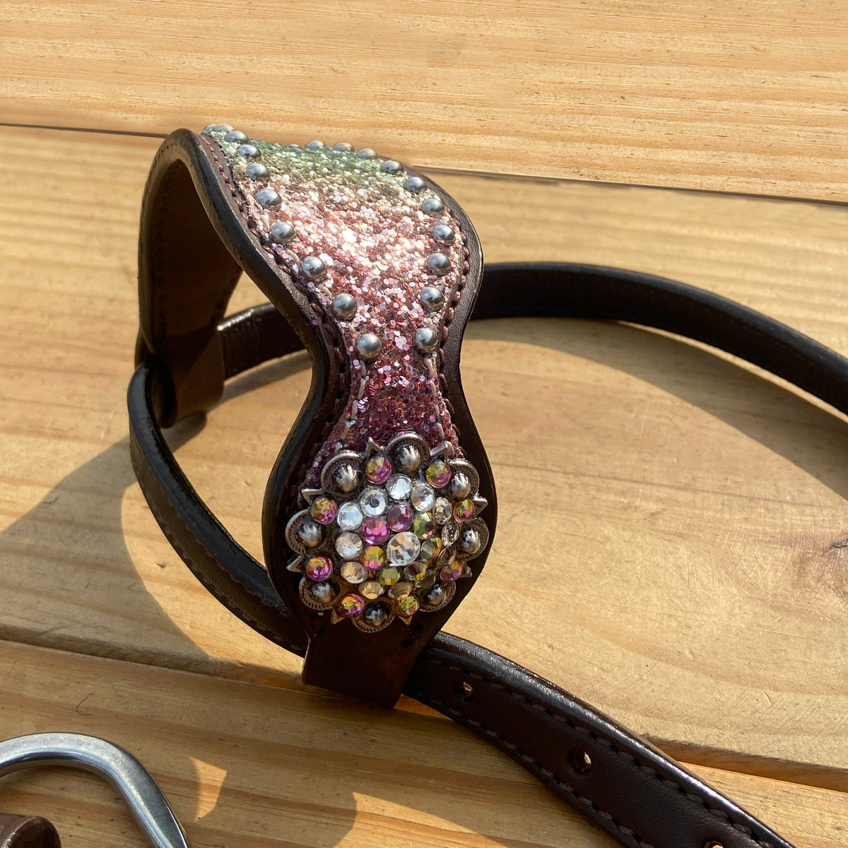 Rainbow Glitter Alligator with Rawhide Silver Studs Headstall Set