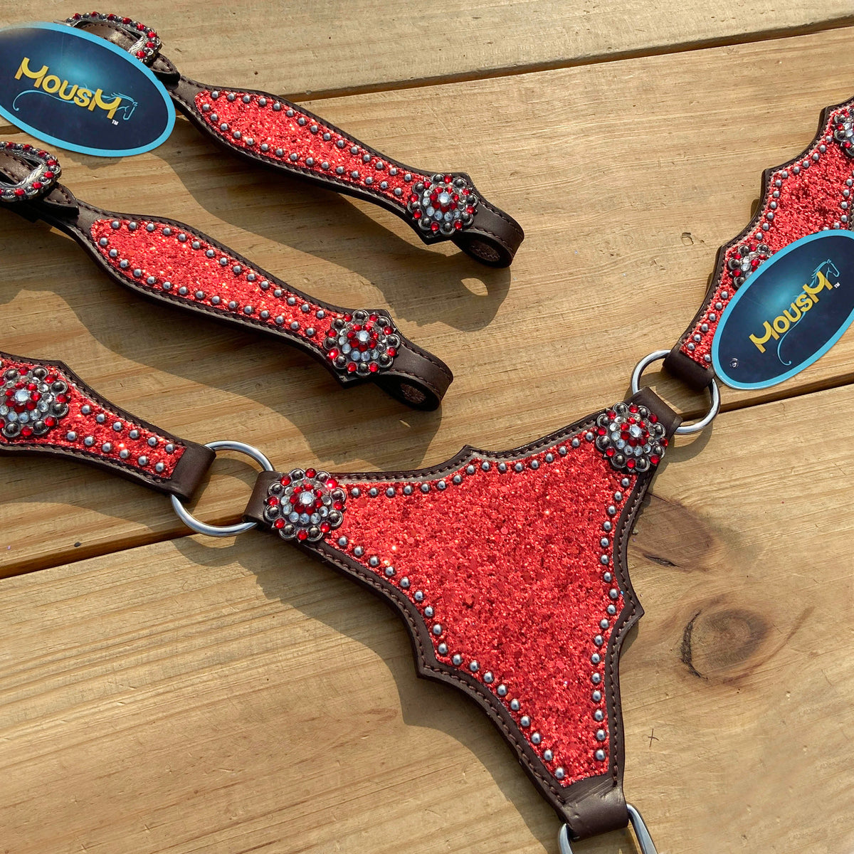 Red Glitter with Bling Rhinestone Conchos Horse Tack Set