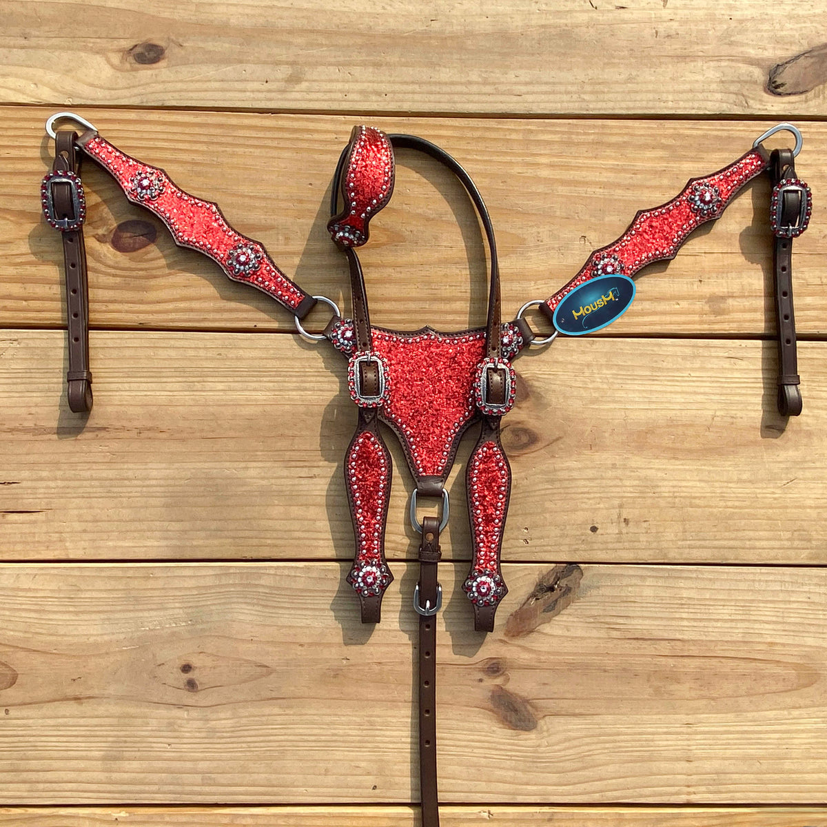 Red Glitter with Bling Rhinestone Conchos Horse Tack Set