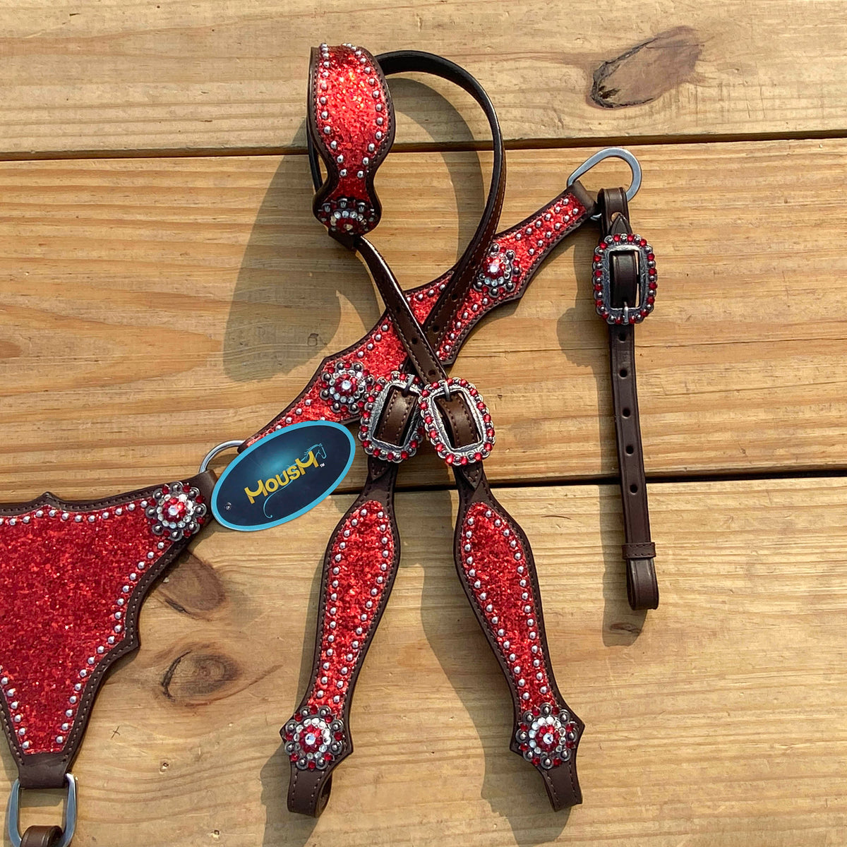 Red Glitter with Bling Rhinestone Conchos Horse Tack Set