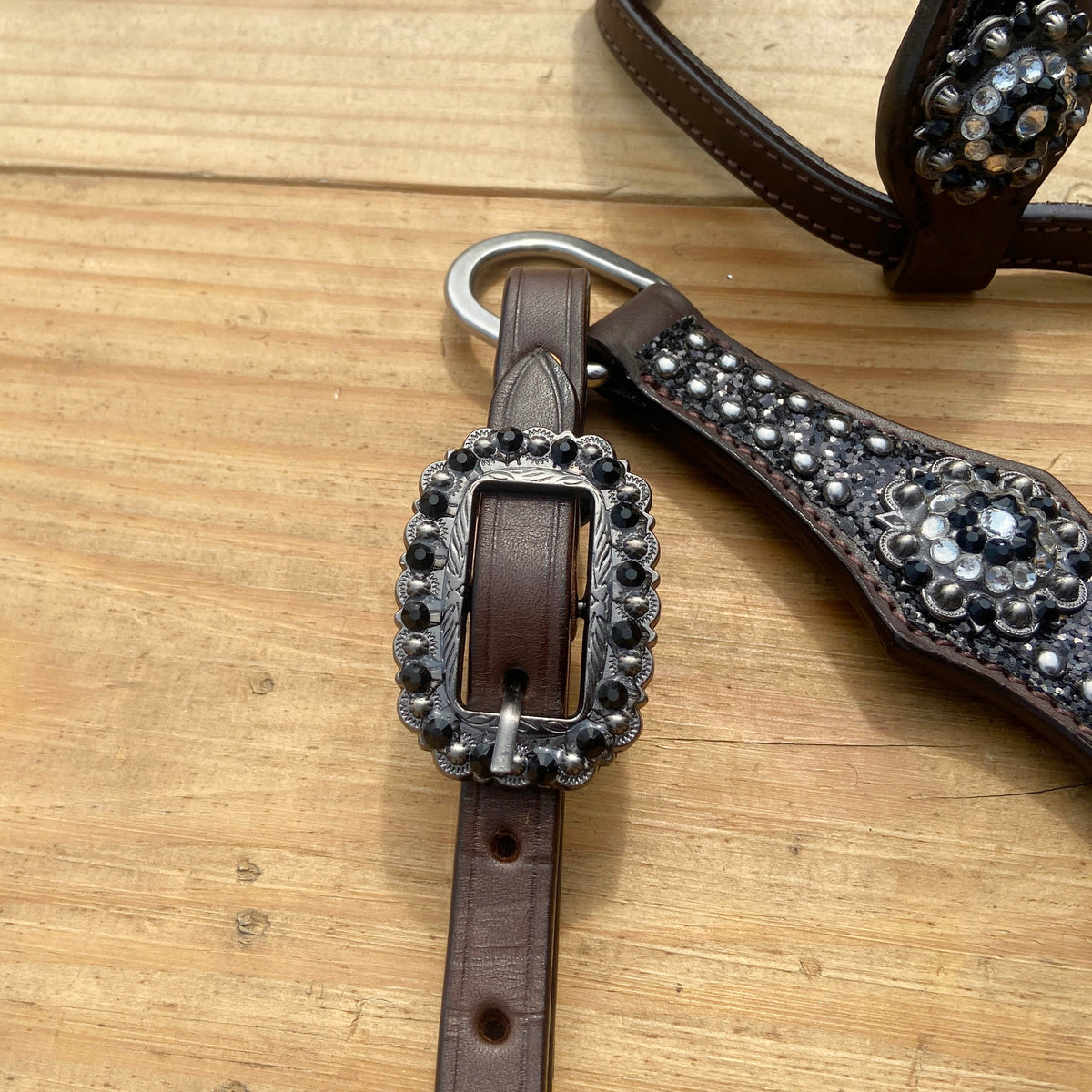 Black Glitter Horse Tack Set with Bling Rhinestone Conchos, Silver Studs