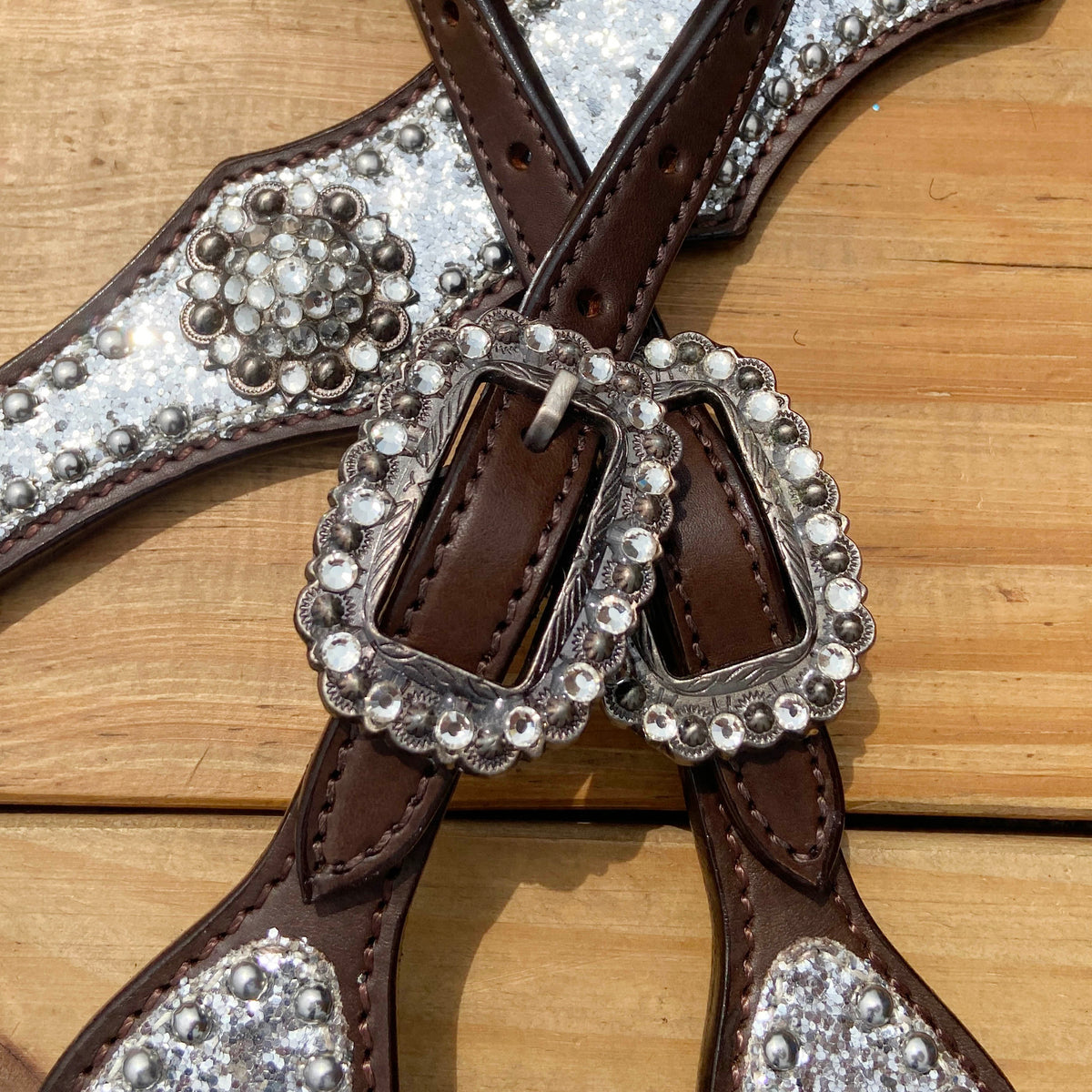 Silver Glitter Headstall Set with Rhinestone Conchos, Silver Studs