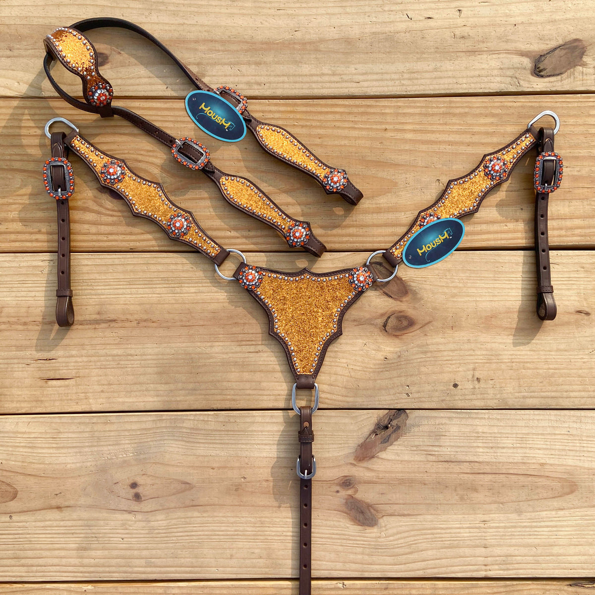 Orange Glitter Alligator Horse Tack Set with Rhinestone Conchos