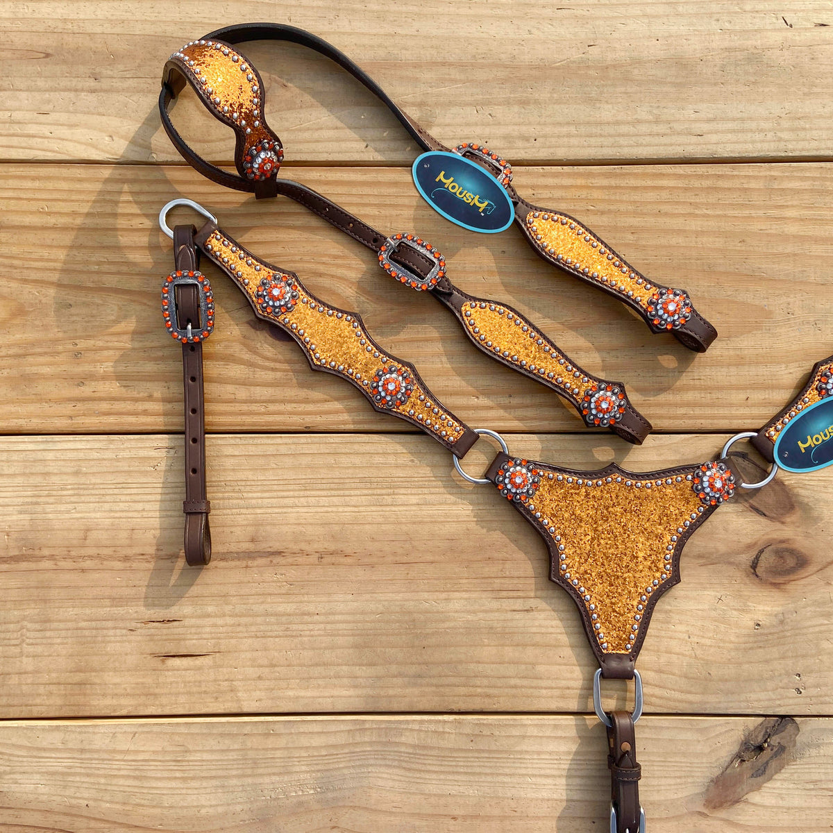 Orange Glitter Alligator Horse Tack Set with Rhinestone Conchos
