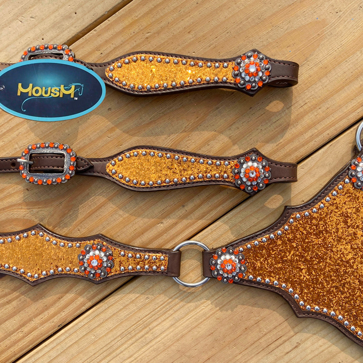 Orange Glitter Alligator Horse Tack Set with Rhinestone Conchos