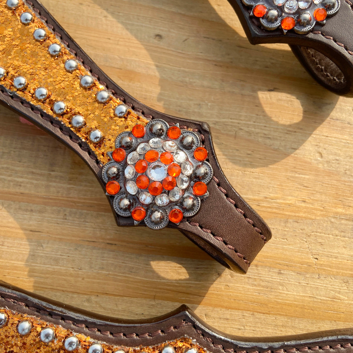 Orange Glitter Alligator Horse Tack Set with Rhinestone Conchos
