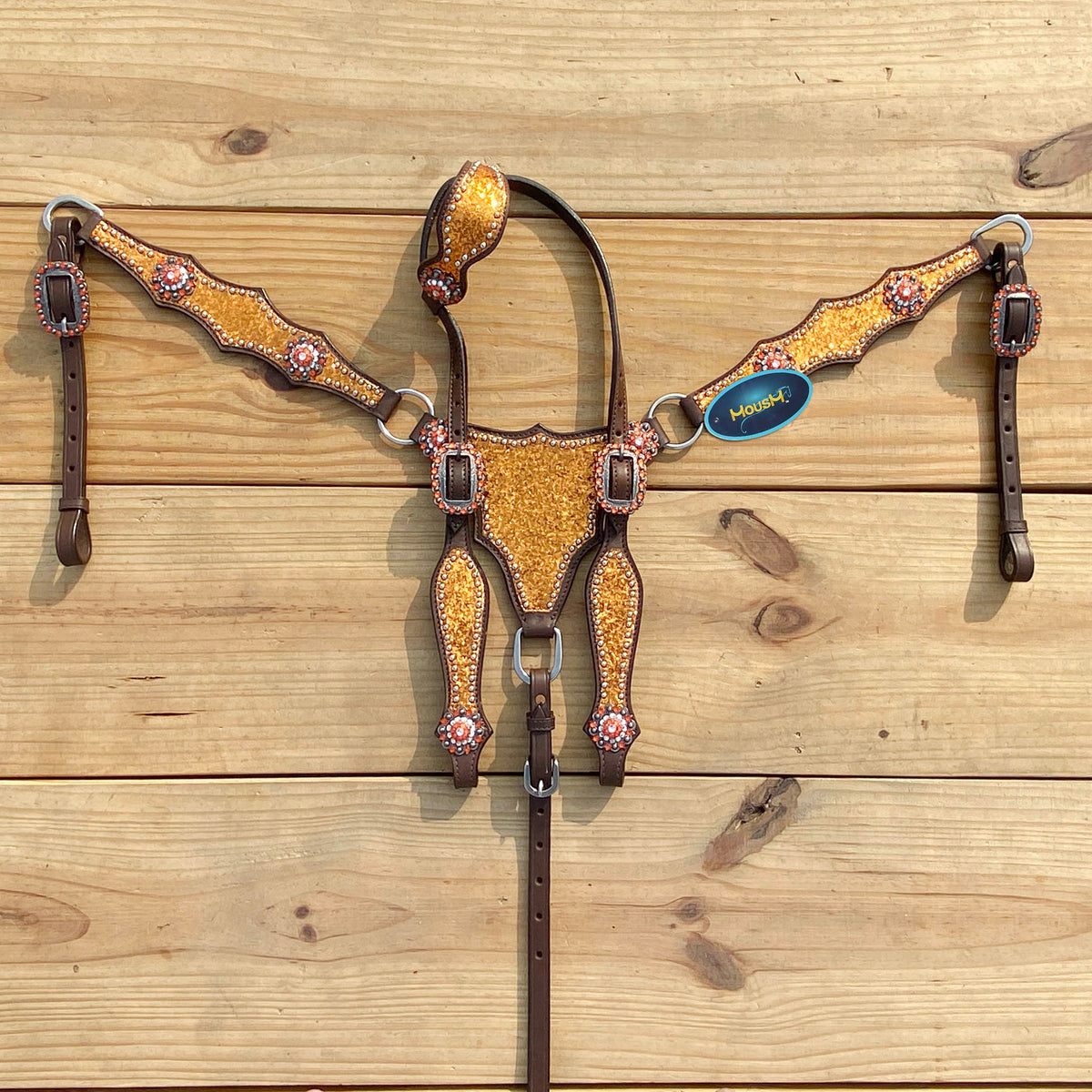 Orange Glitter Alligator Horse Tack Set with Rhinestone Conchos