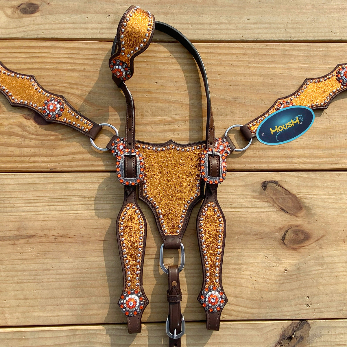 Orange Glitter Alligator Horse Tack Set with Rhinestone Conchos