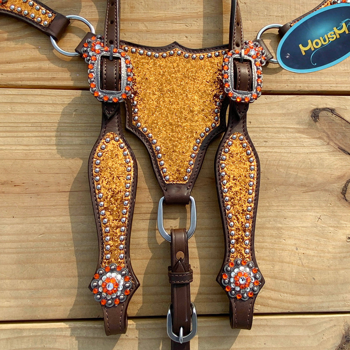 Orange Glitter Alligator Horse Tack Set with Rhinestone Conchos