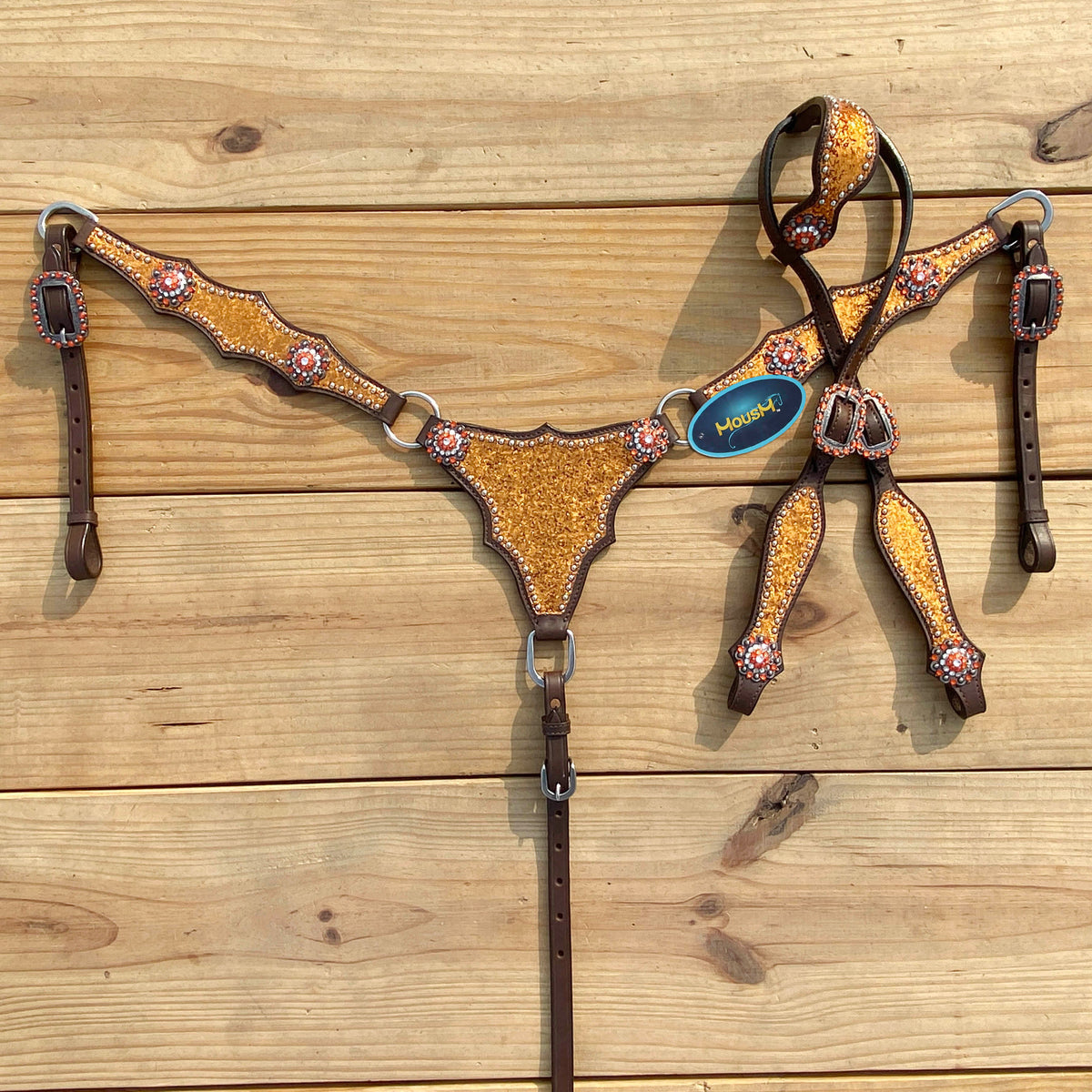 Orange Glitter Alligator Horse Tack Set with Rhinestone Conchos