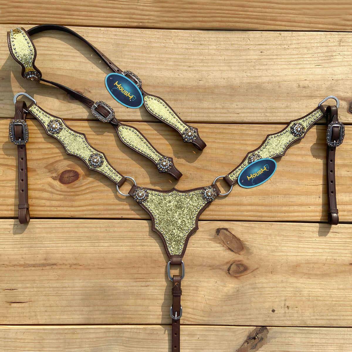 Golden Glitter Alligator Western Tack Set with Rhinestone Conchos