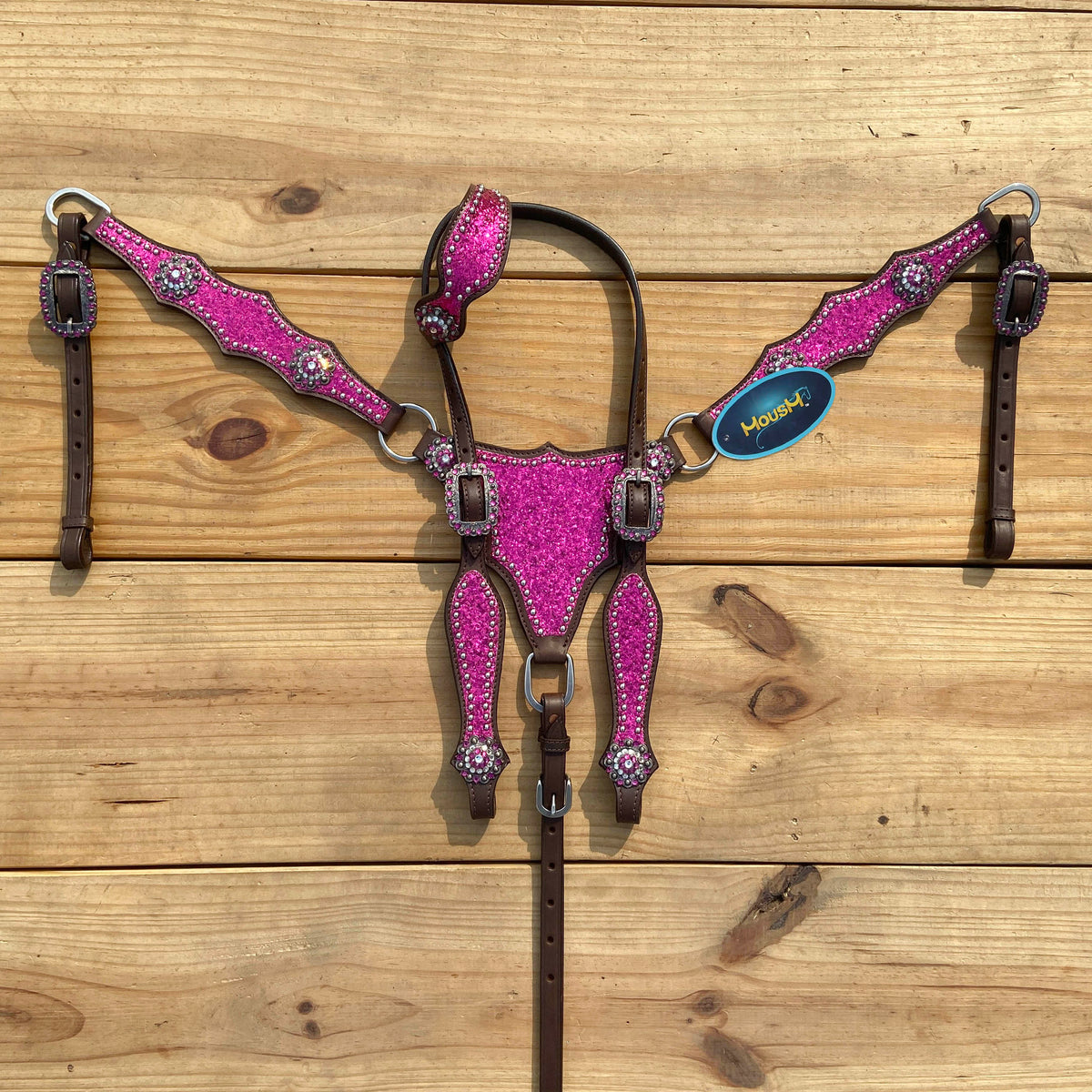 Hot Pink Glitter Western Horse Tack Set with Bling Conchos and Silver Studs