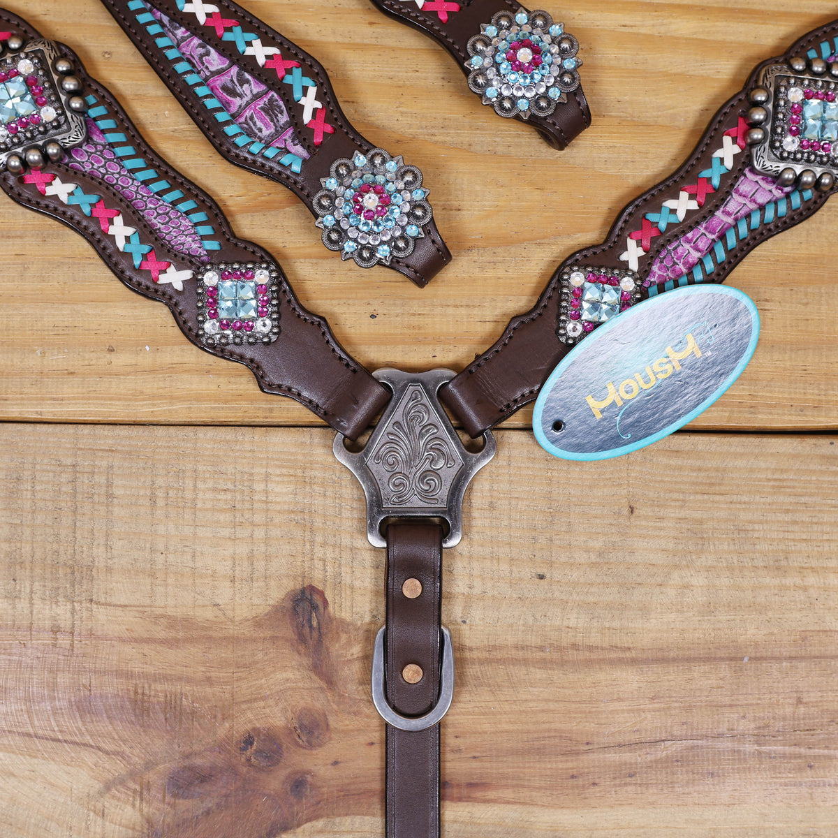 Western Leather Headstall and Breast Collar tack Set decorated with Big Bling Conchos and Pink teal white raw hide braiding with pink alligator inlay