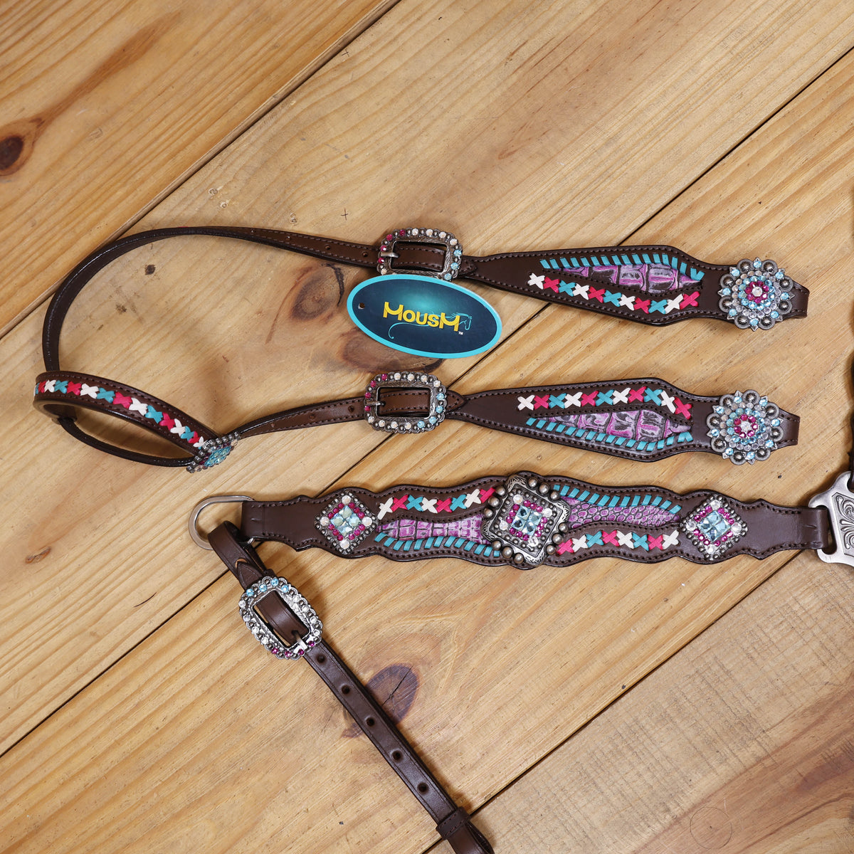 Western Leather Headstall and Breast Collar tack Set decorated with Big Bling Conchos and Pink teal white raw hide braiding with pink alligator inlay