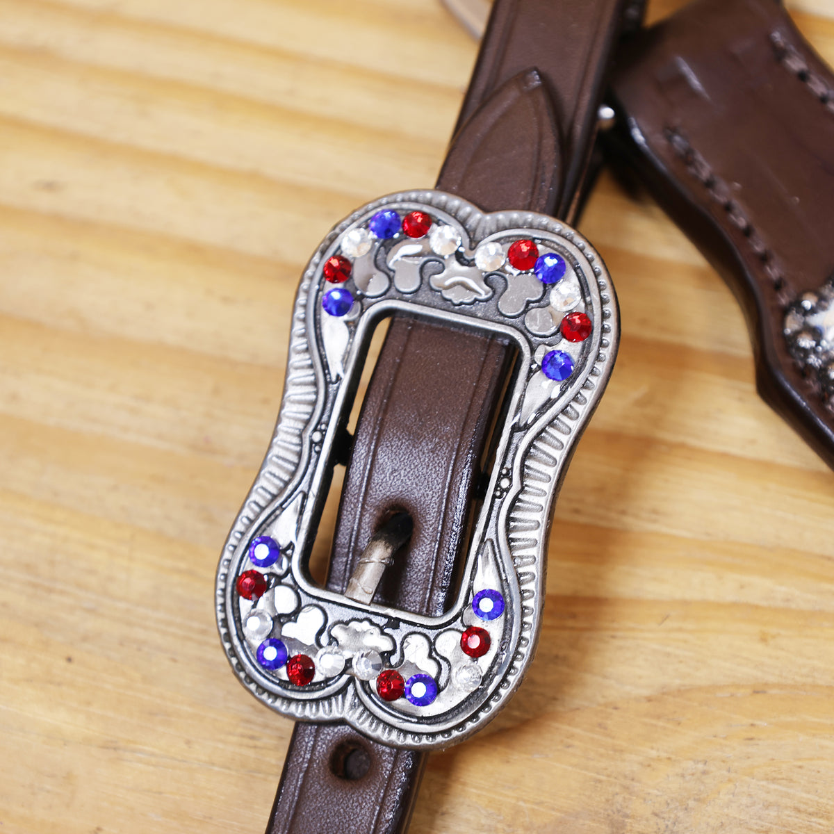 Western Leather Headstall and Breast Collar tack Set decorated with Patriotic Red Royal white stone conchos with silver glitter inlay and royal red ,white raw hide braiding
