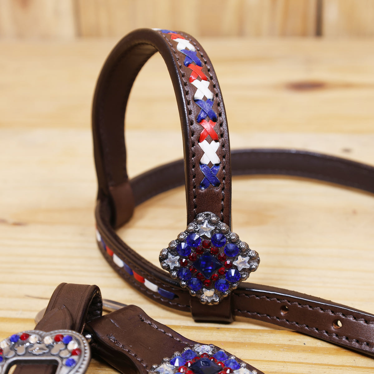 Western Leather Headstall and Breast Collar tack Set decorated with Patriotic Red Royal white stone conchos with silver glitter inlay and royal red ,white raw hide braiding