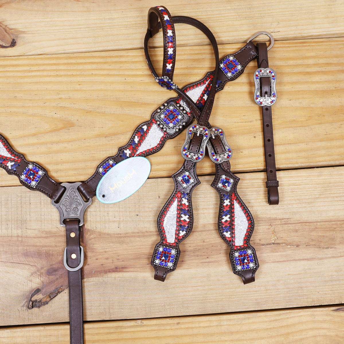 Western Leather Headstall and Breast Collar tack Set decorated with Patriotic Red Royal white stone conchos with silver glitter inlay and royal red ,white raw hide braiding