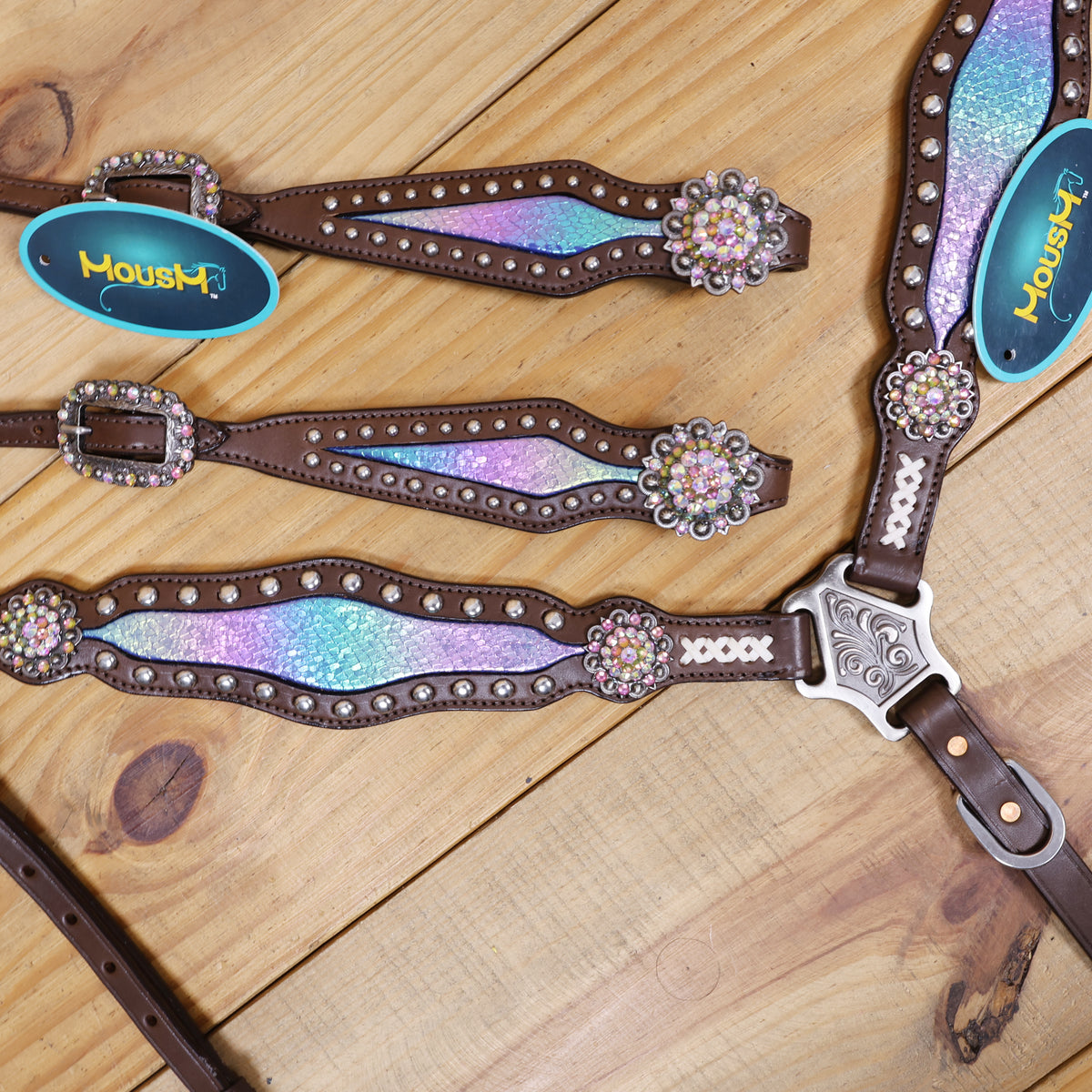 Western Leather Headstall and Breast Collar tack Set decorated with Silver Studs white rawhide braiding Bling conchos and Holographic Snake print