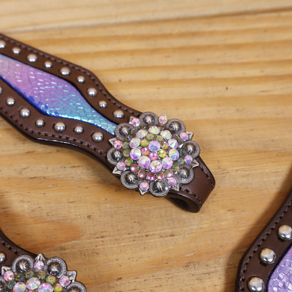 Western Leather Headstall and Breast Collar tack Set decorated with Silver Studs white rawhide braiding Bling conchos and Holographic Snake print