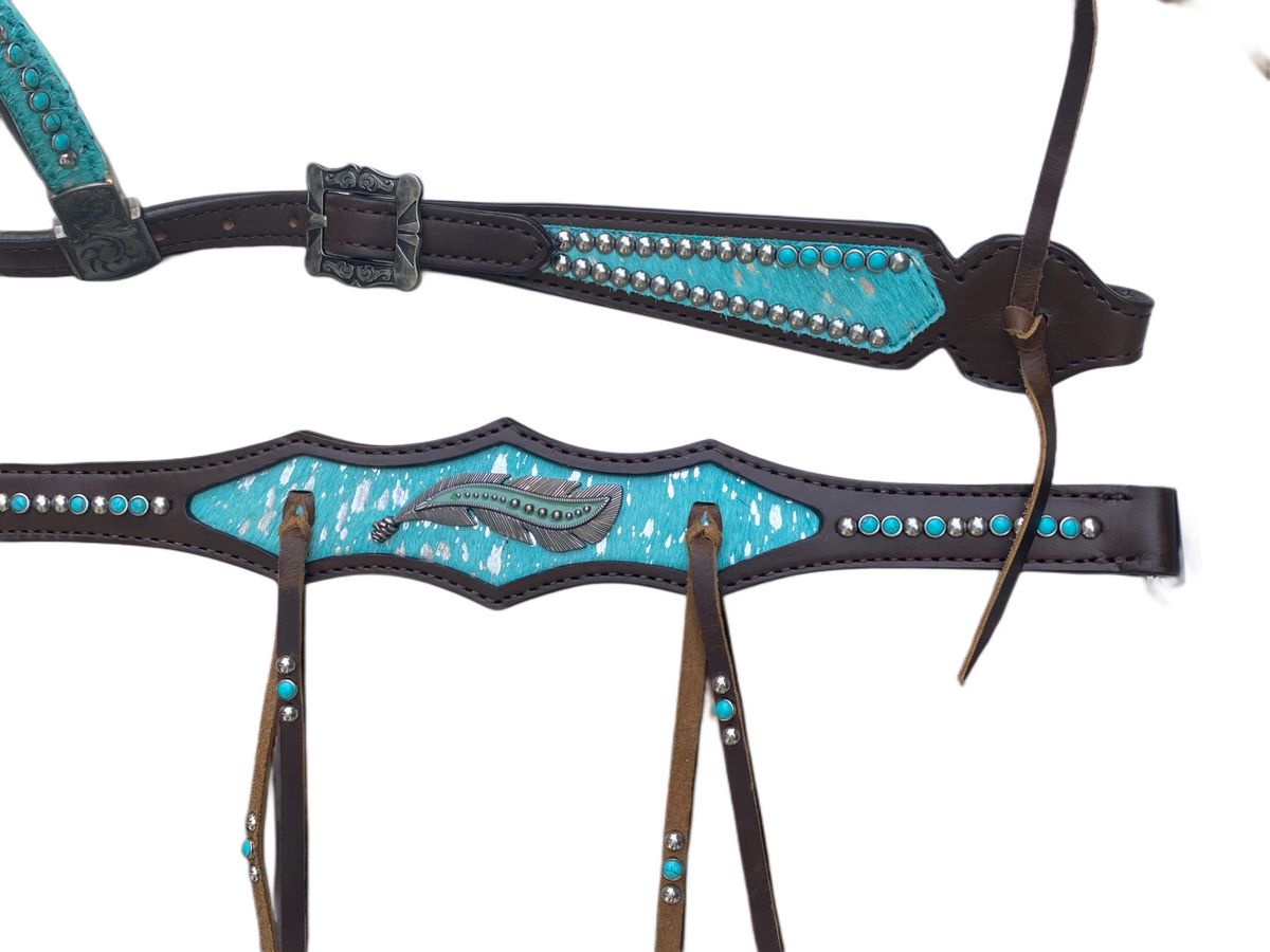 Turquoise Silver Splash Argentina Cowhide Leather Headstall Set