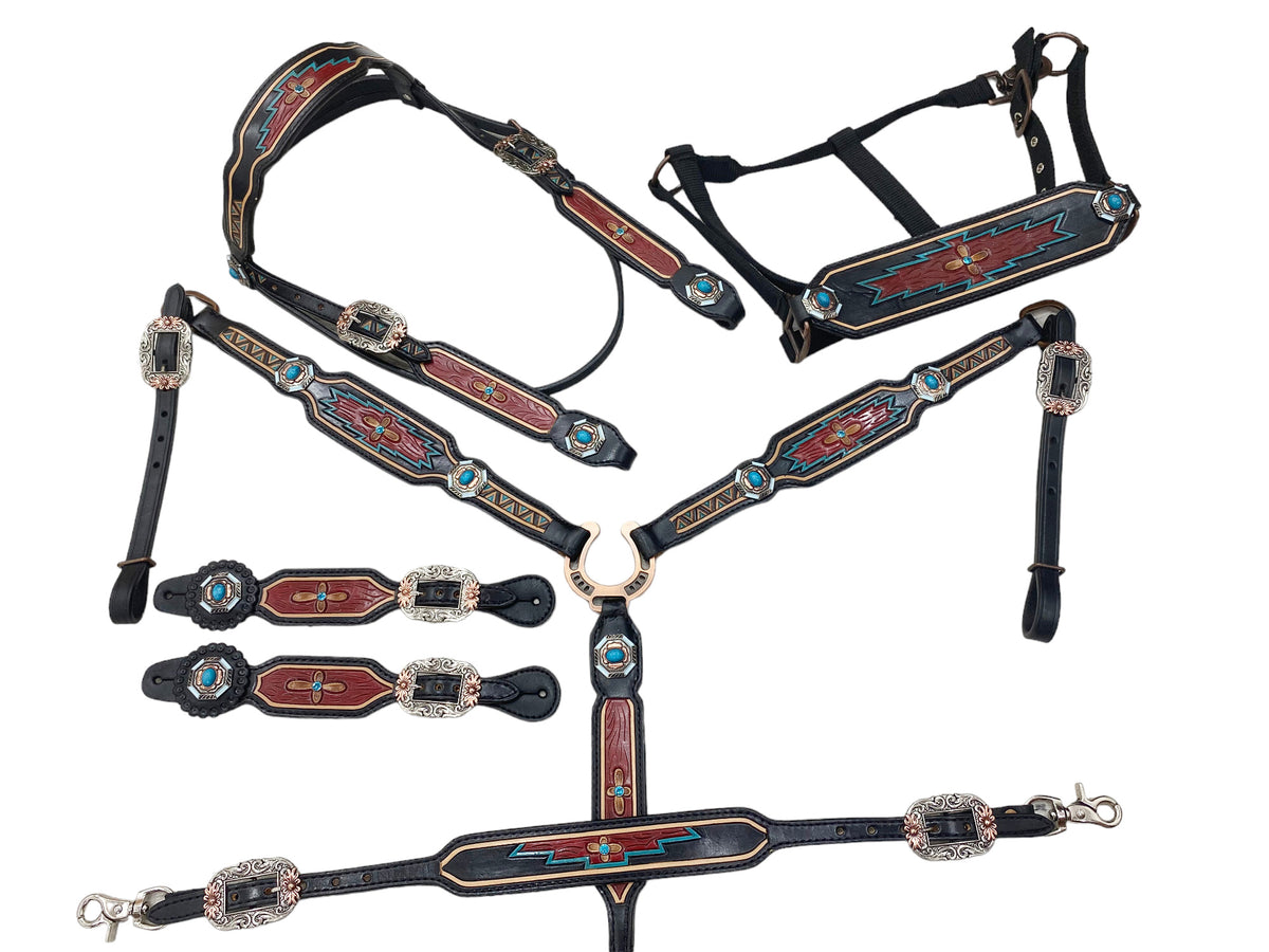 Hand Tooled Carving Complete Headstall Tack Set