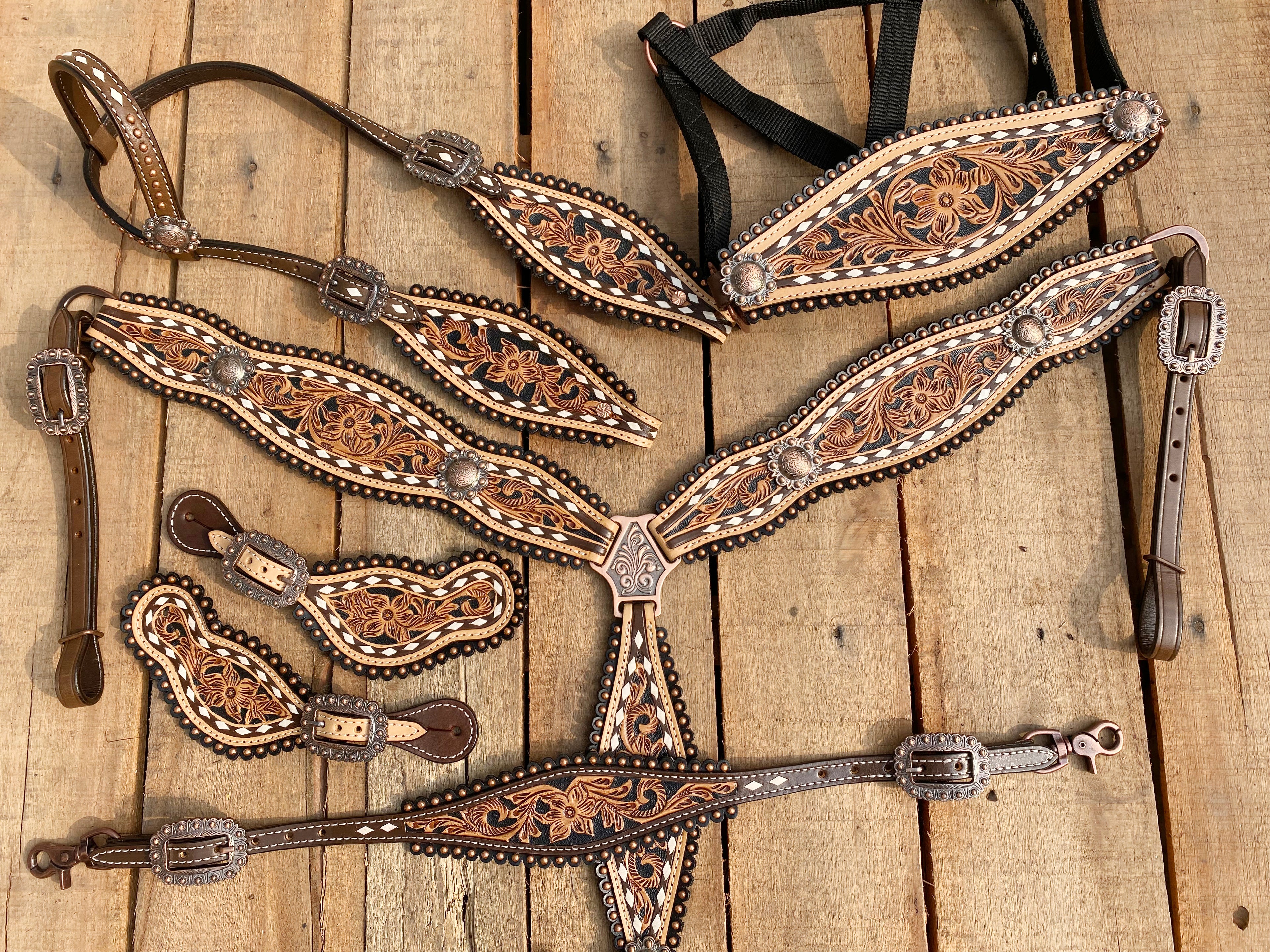 MOUSM Western Horse Tack Collection – Western Bridles and Headstalls Decorated with Hand-Tooled Flower Carving with Nickel Studs, Conchos & Rawhide Braiding
