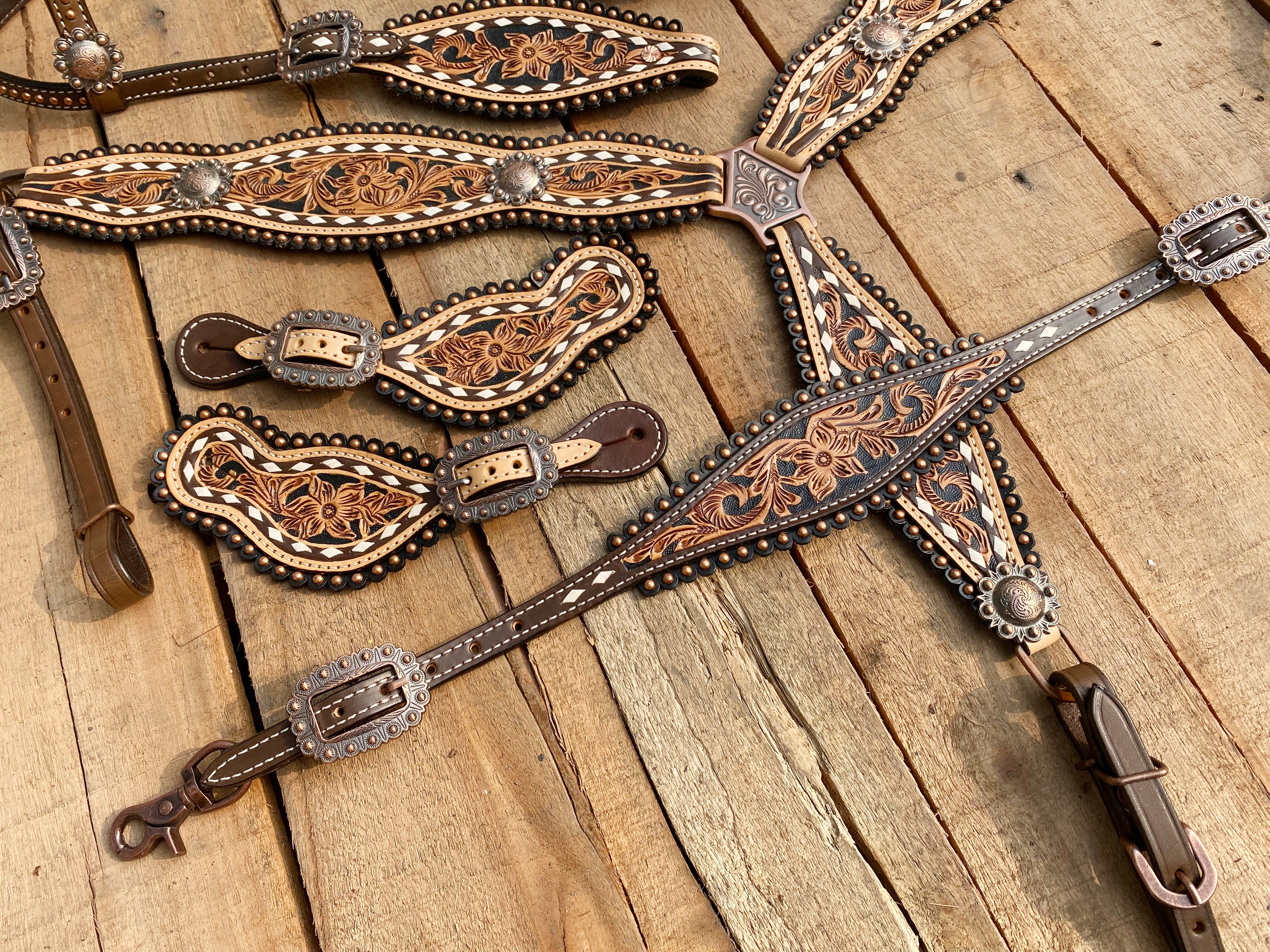 MOUSM Western Horse Tack Collection – Western Bridles and Headstalls Decorated with Hand-Tooled Flower Carving with Nickel Studs, Conchos & Rawhide Braiding