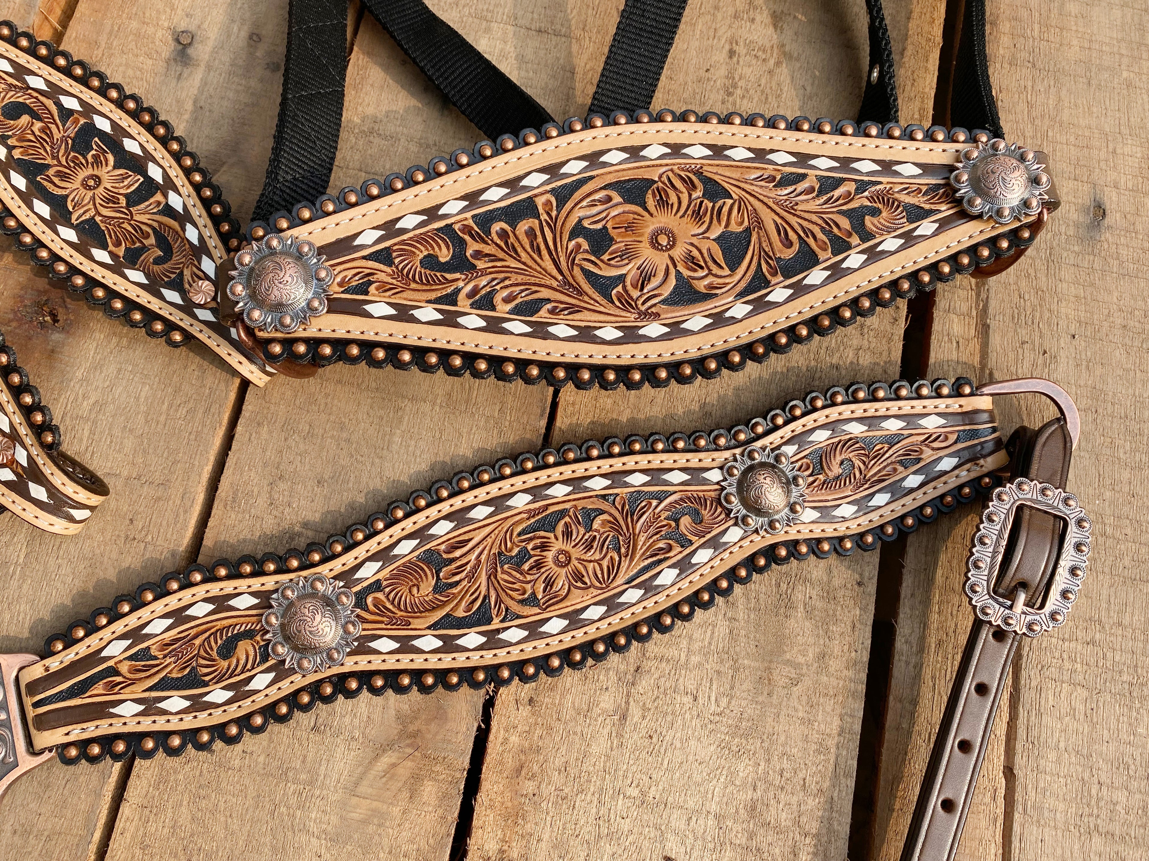 MOUSM Western Horse Tack Collection – Western Bridles and Headstalls Decorated with Hand-Tooled Flower Carving with Nickel Studs, Conchos & Rawhide Braiding