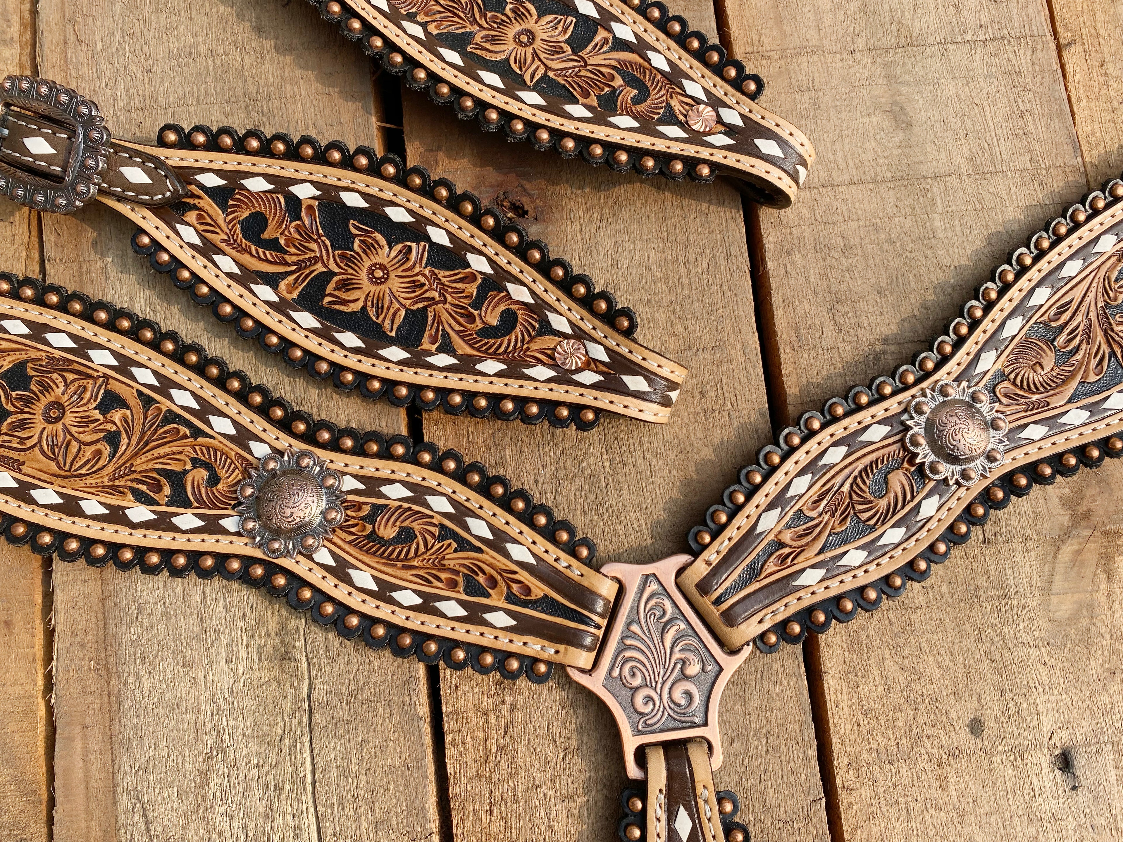 MOUSM Western Horse Tack Collection – Western Bridles and Headstalls Decorated with Hand-Tooled Flower Carving with Nickel Studs, Conchos & Rawhide Braiding