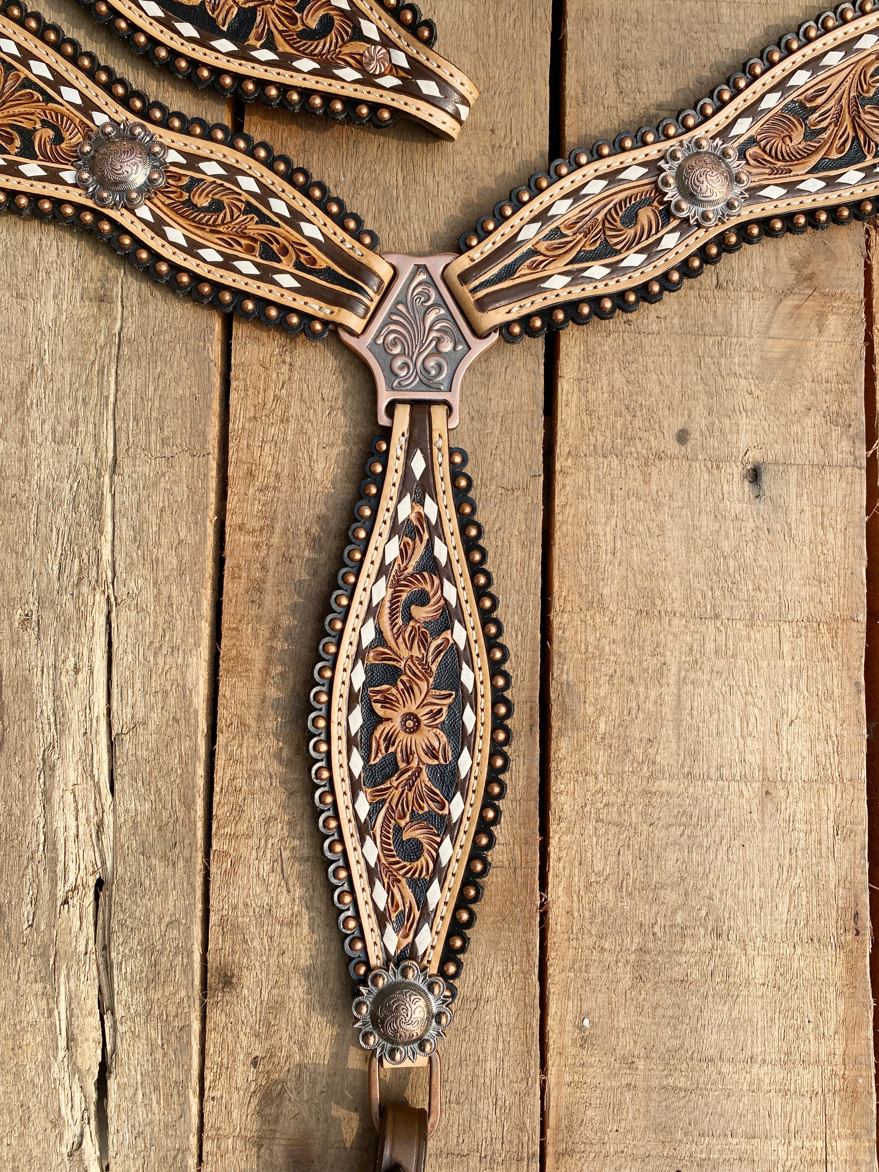 MOUSM Western Horse Tack Collection – Western Bridles and Headstalls Decorated with Hand-Tooled Flower Carving with Nickel Studs, Conchos & Rawhide Braiding